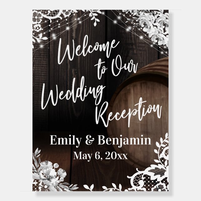Wedding Reception Barrel, Lights, Lace & Flowers Foam Board (Front)