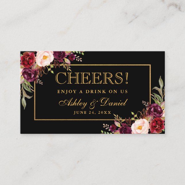 Wedding Reception Black Burgundy Drink Ticket Card (Front)