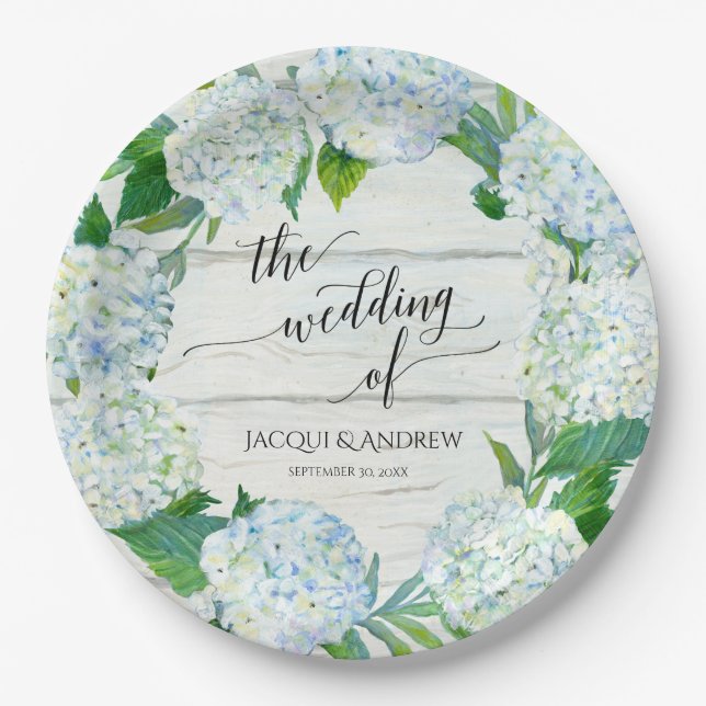 Wedding Reception Blue White Hydrangea Wreath Wood Paper Plates (Front)