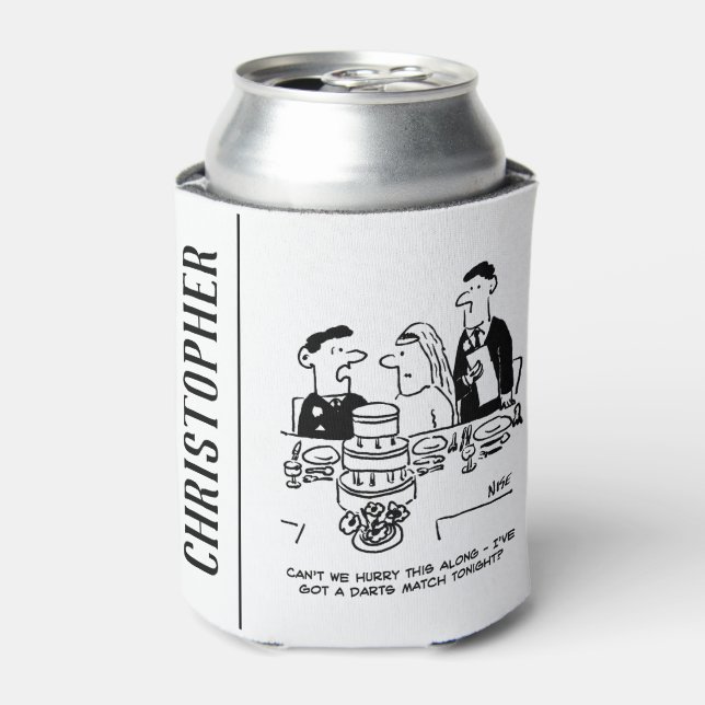 Wedding Reception Bridegroom has a Darts Match Can Cooler (Can Front)