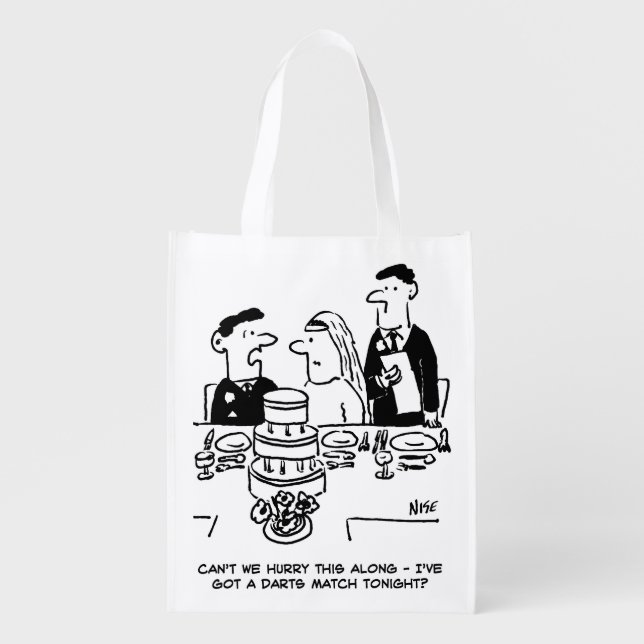 Wedding Reception Bridegroom has a Darts Match Grocery Bag (Front)