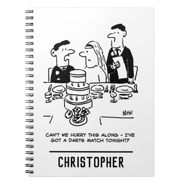 Wedding Reception Bridegroom has a Darts Match Notebook (Front)