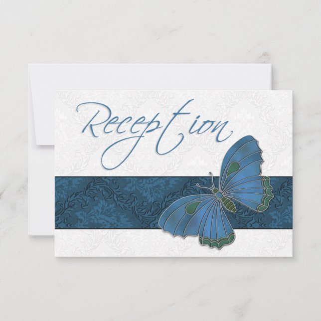 Wedding Reception Butterfly Brocade blue RSVP Card (Front)