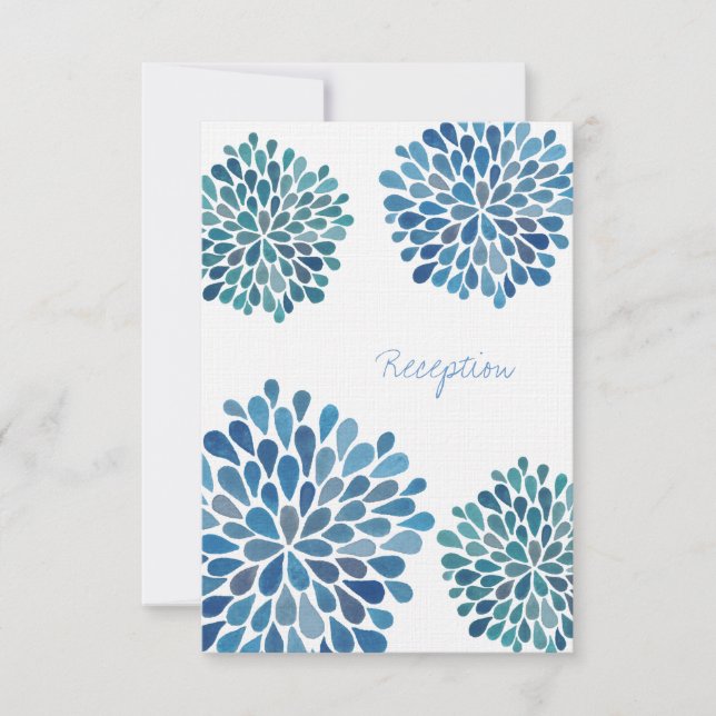 Wedding Reception Card Blue Watercolor Dahlias (Front)