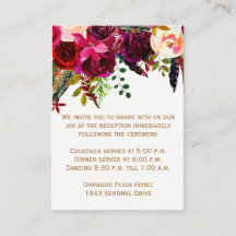 Wedding Reception Card - Burgundy Floral, Feathers
