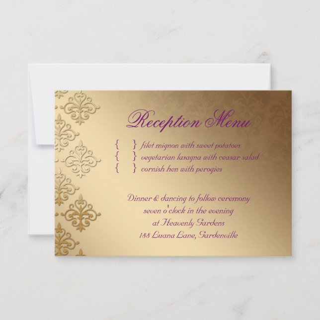 Wedding Reception Card Indian Damask Purple Gold (Front)