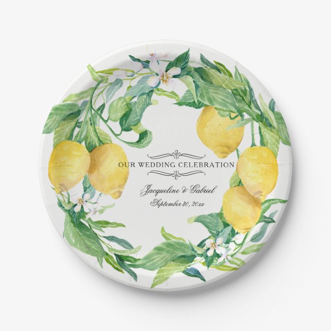 Wedding Reception Citrus Lemon Floral Leaf Wreath Paper Plates (Front)