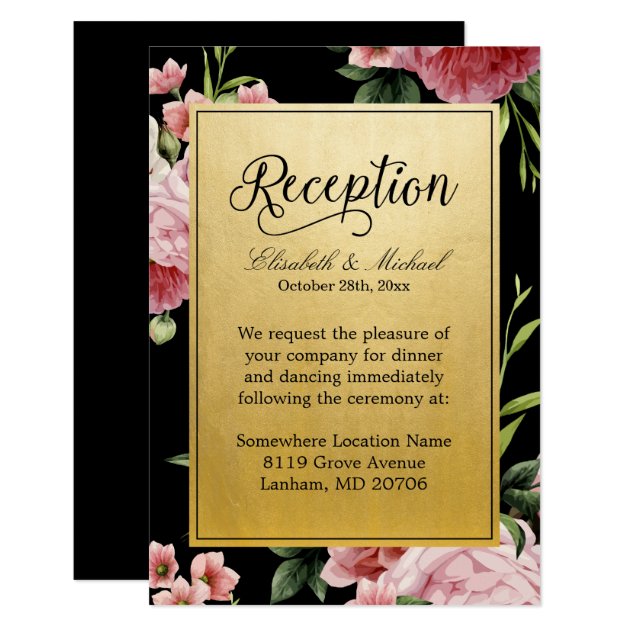 Wedding Reception Classy Black Gold Vintage Floral Card