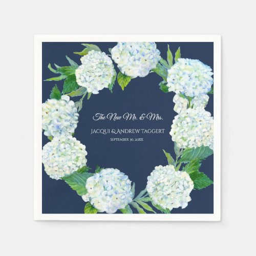 Wedding Reception Decor Navy w White Hydrangea Art Napkins