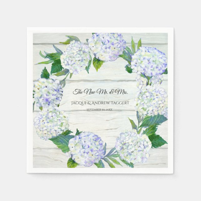 Wedding Reception Decor Wood w Lavender Hydrangea Napkins (Front)