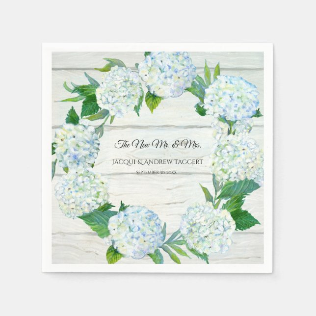 Wedding Reception Decor Wood w White Hydrangea Art Napkins (Front)