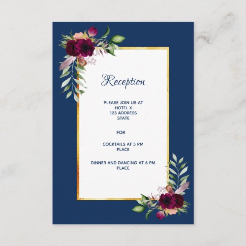 Wedding reception details blue florals burgundy enclosure card
