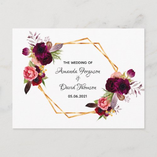 Wedding reception details burgundy geo dusty rose postcard