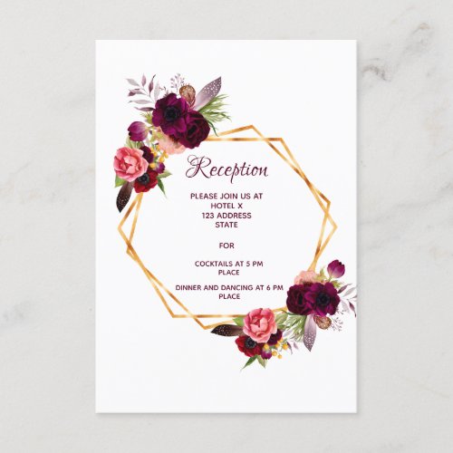 Wedding reception details geo florals burgundy enclosure card