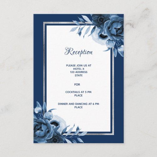 Wedding reception details navy blue florals white enclosure card