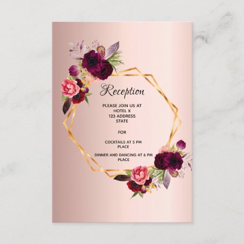 Wedding reception details rose gold floral geo enclosure card
