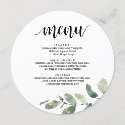 Wedding Reception Dinner Eucalyptus Greenery Menu