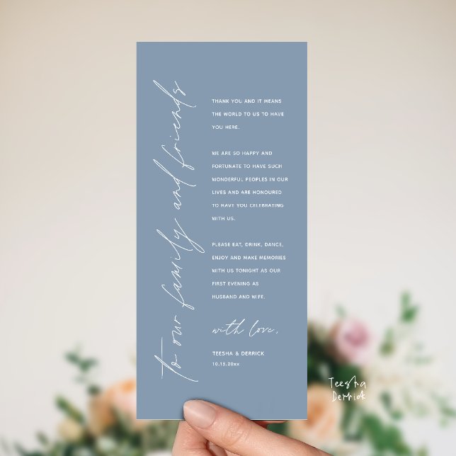 Wedding Reception Dinner Modern Thank You Card (Welcome and thanks, Modern Wedding Reception Dinner Thank You card, family friends in dusty blue)