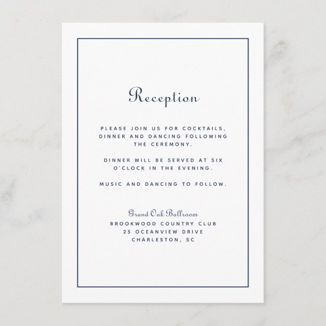 Wedding Reception Elegant Script Classic Navy Blue Enclosure Card (Front)
