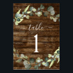 Wedding Reception Eucalyptus Greenery Rustic Wood Table Number<br><div class="desc">Eucalyptus Greenery Succulent Botanical Watercolor Spring Wedding Table Number Card on Country Rustic Outdoor Wood background - includes beautiful and elegant script typography with modern botanical leaves and greenery for the special Wedding day celebration.</div>