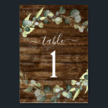 Wedding Reception Eucalyptus Greenery Rustic Wood Table Number<br><div class="desc">Eucalyptus Greenery Succulent Botanical Watercolor Spring Wedding Table Number Card on Country Rustic Outdoor Wood background - includes beautiful and elegant script typography with modern botanical leaves and greenery for the special Wedding day celebration.</div>