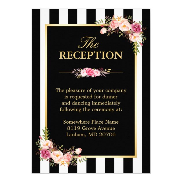 Wedding Reception Floral Gold Black White Stripes Card