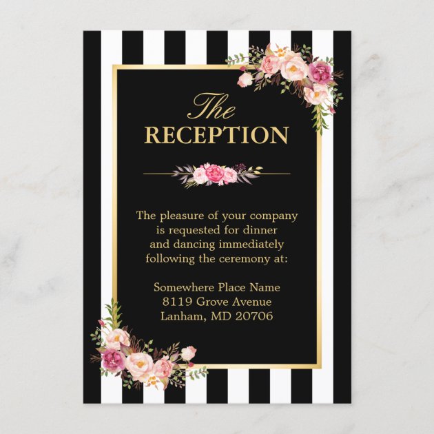 Wedding Reception Floral Gold Black White Stripes Enclosure Card