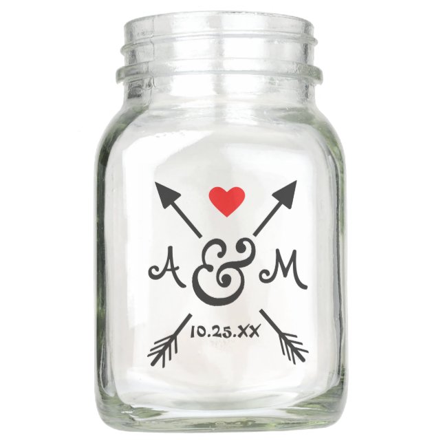 Wedding Reception Flower Vase Arrows Monogrammed Mason Jar (Front)