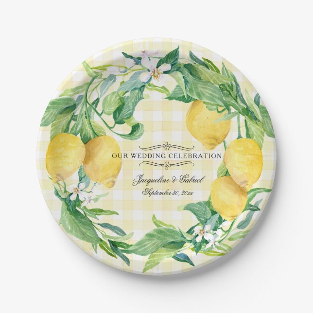 Wedding Reception Gingham Lemon Floral Leaf Wreath Paper Plates (Front)