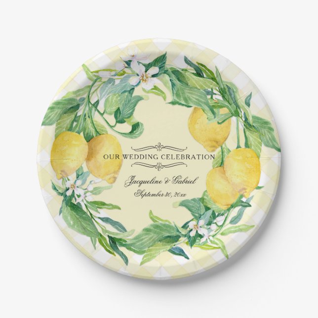 Wedding Reception Gingham Lemon Floral Leaf Wreath Paper Plates (Front)