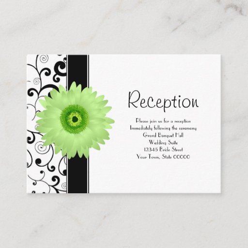 Customizable Wedding Reception Green Gerbera Daisy Black Scroll Business Cards