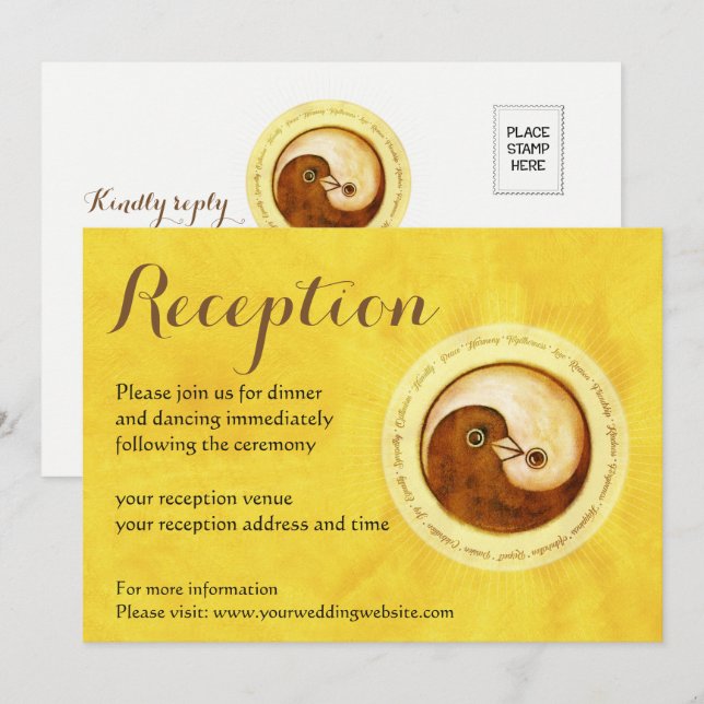 WEDDING RECEPTION INVITE. Gold YinYang doves Invitation (Front/Back)
