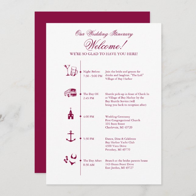 Wedding Reception Itinerary Timeline in Wine Invitation (Front/Back)