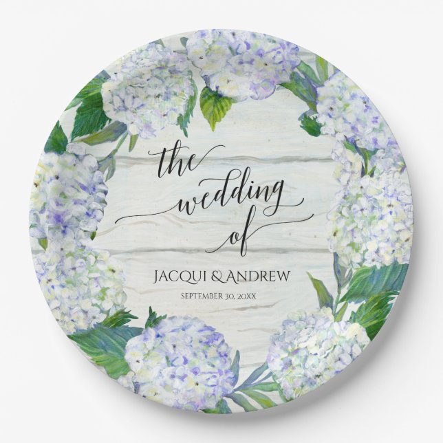 Wedding Reception Lavender Hydrangea Wreath Wood Paper Plates (Front)