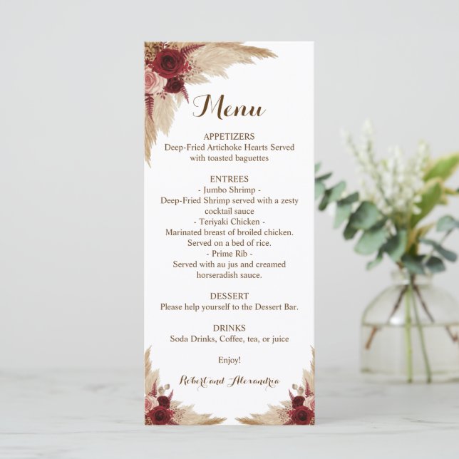 Wedding Reception Menu Pampas Grass (Standing Front)