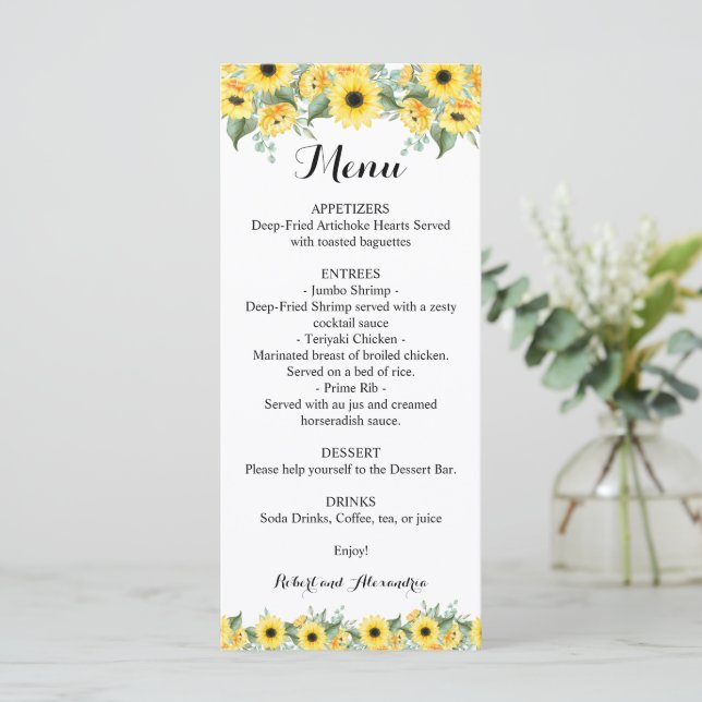 Wedding Reception Menu Sunflowers Greenery (Standing Front)