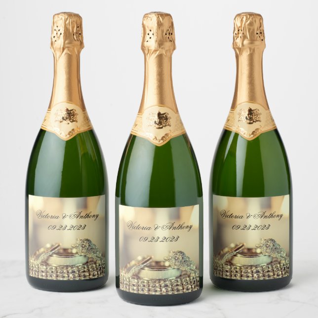 Wedding Reception Name Date Gold Script Sparkling Wine Label (Bottles)
