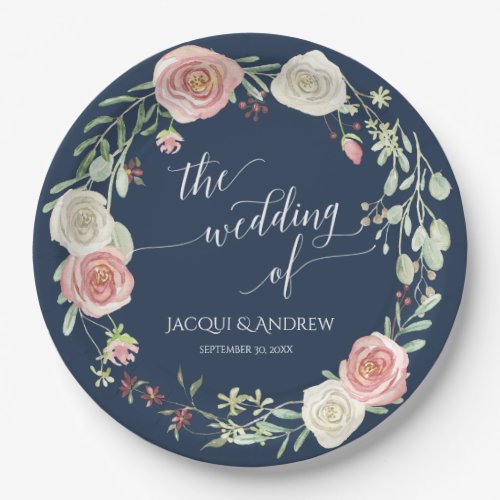 Wedding Reception Navy Blush Ivory Roses Wreath Paper Plates