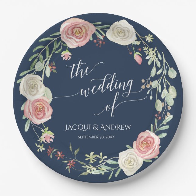 Wedding Reception Navy Blush Ivory Roses Wreath Paper Plates (Front)