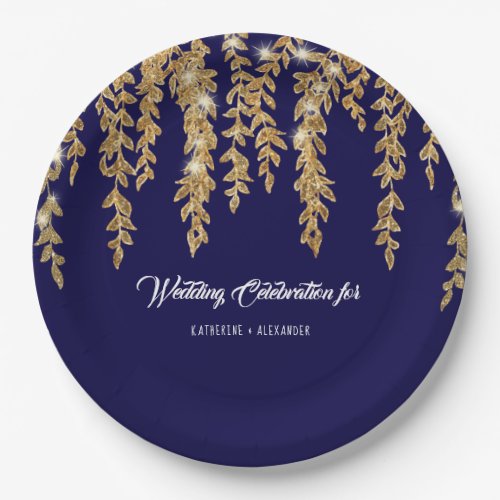 Wedding Reception Navy Gold Leaf Twinkle Lights Paper Plates