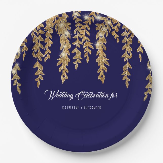 Wedding Reception Navy Gold Leaf Twinkle Lights Paper Plates (Front)