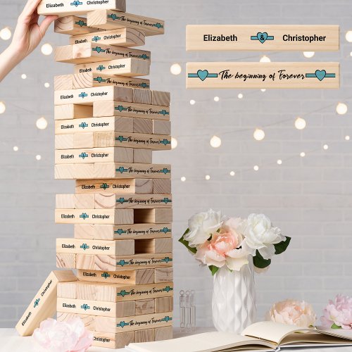 Wedding reception newlyweds names hearts blue topple tower