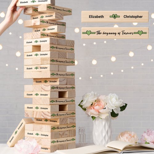 Wedding reception newlyweds names hearts green topple tower
