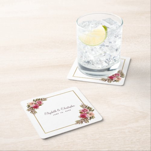 Wedding Reception Party Elegant Floral Geometric Square Paper Coaster