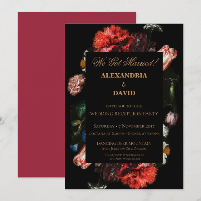 Wedding Reception Party Invitation Black Floral (Front/Back)