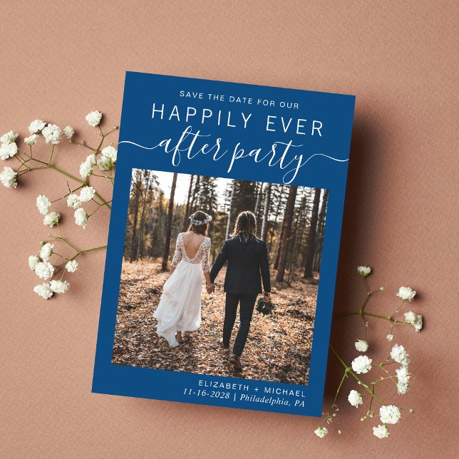 Wedding Reception Photo Blue Save The Date (A stylish save the date announcement for a reception to celebrate your elopement or private wedding)