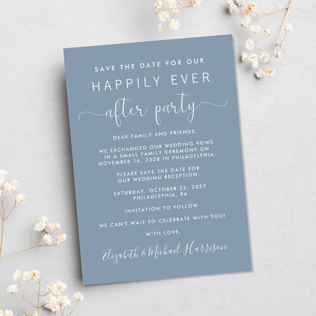 Wedding Reception Photo Dusty Blue Save the Date Announcement (A stylish save the date announcement for a reception to celebrate your elopement or private wedding)