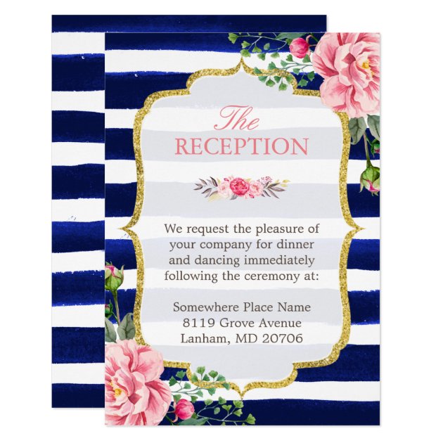 Wedding Reception Pink Floral Navy Blue Striped Card