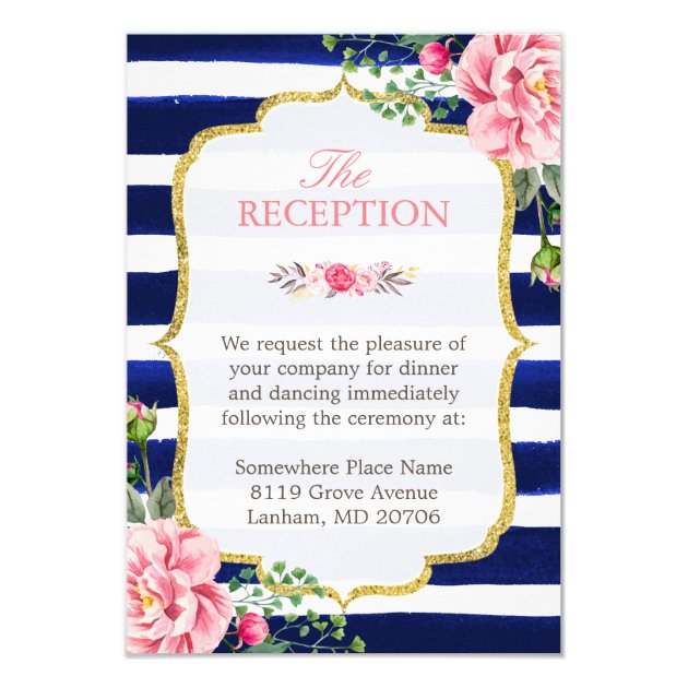 Wedding Reception Pink Floral Navy Blue Striped Card