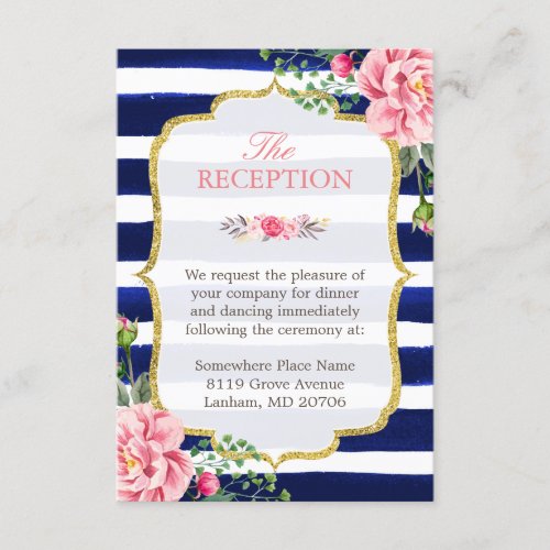 Wedding Reception Pink Floral Navy Blue Striped Enclosure Card